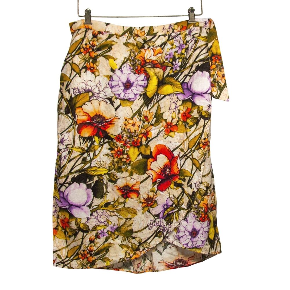 Large CHICOS Boho Chic Casual Floral Linen Faux Wrap Summer Asymmetrical Skirt
